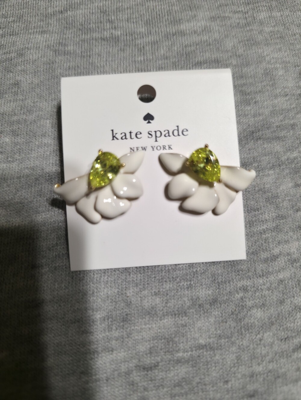 kate spade white floral stud earrings with lime-green teardrop crystal